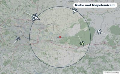 Mapa okolic miasta z sylwetkami samolotów — Niebo nad Niepołomicami na żywo