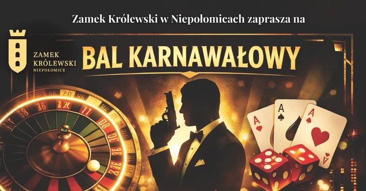 Grafika promocyjna wydarzenia Bal Karnawałowy w stylu Casino Royale — Zamek Królewski w Niepołomicach