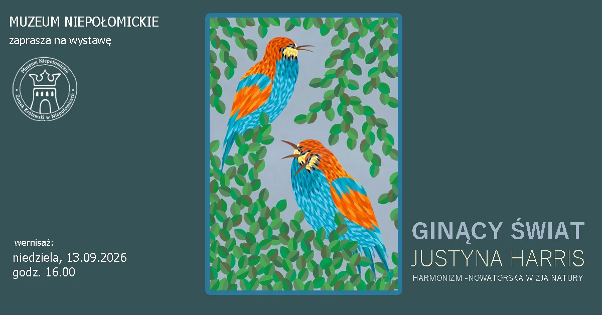 Grafika promocyjna wydarzenia GINĄCY ŚWIAT // JUSTYNA HARRIS // wystawa w Niepołomicach