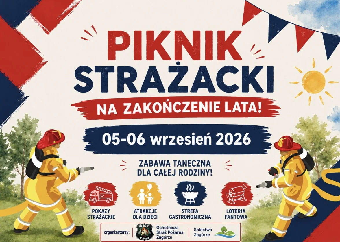 Grafika promocyjna wydarzenia PIKNIK STRAŻACKI NA ZAKOŃCZENIE LATA! Zagórze