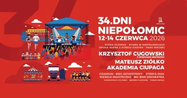 Grafika promocyjna wydarzenia 34 Dni Niepołomic 2026: koncerty, atrakcje i trzy dni miejskiego święta