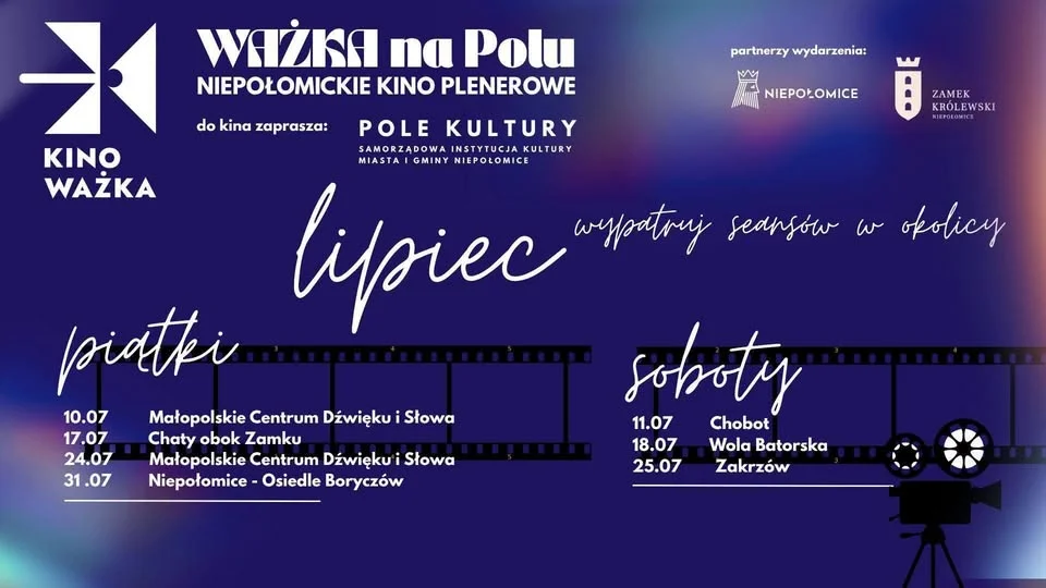 Grafika promocyjna wydarzenia Ważka na Polu w lipcu. Niepołomickie Kino Plenerowe wraca pod chmurki